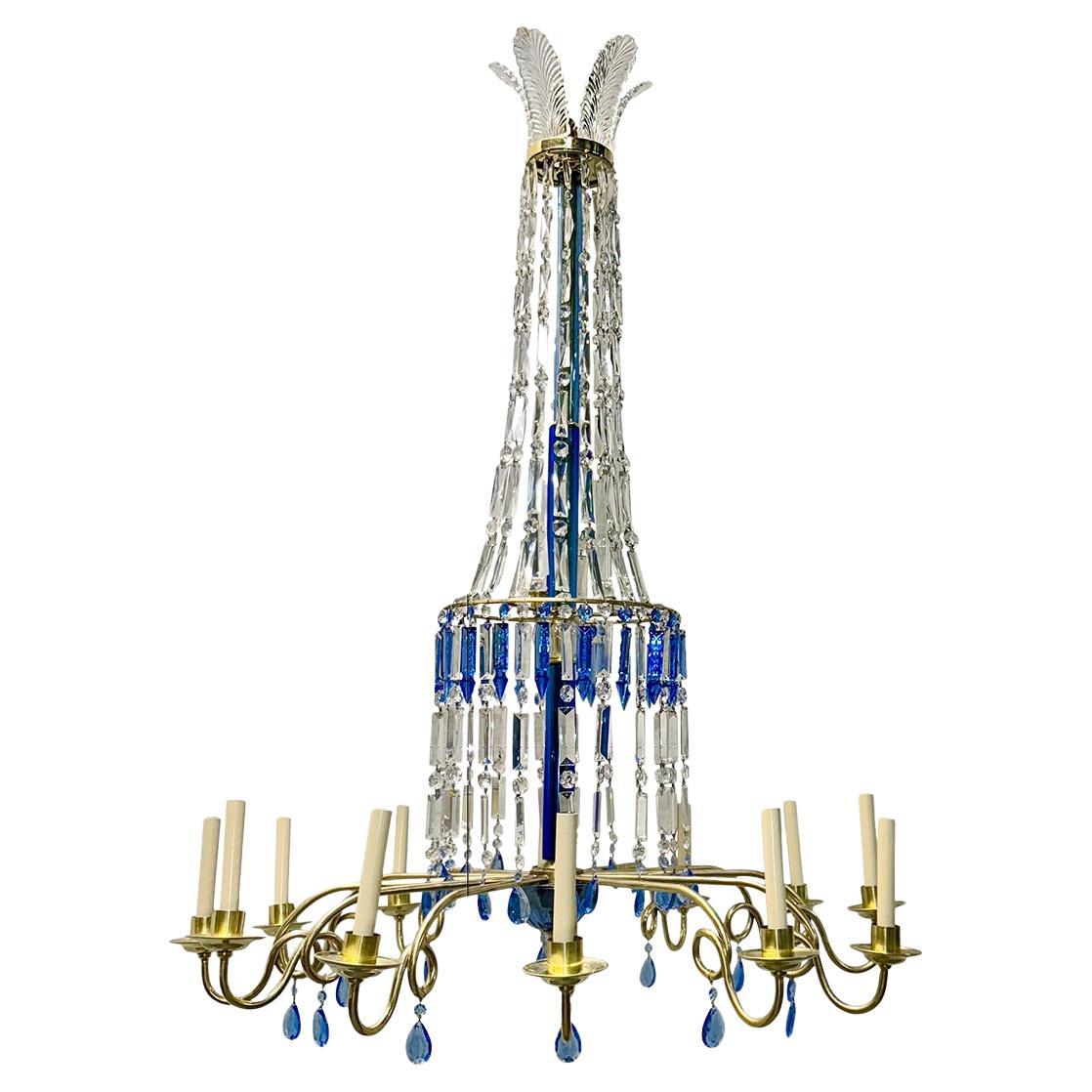 English Gilt Chandelier with Blue Crystals For Sale