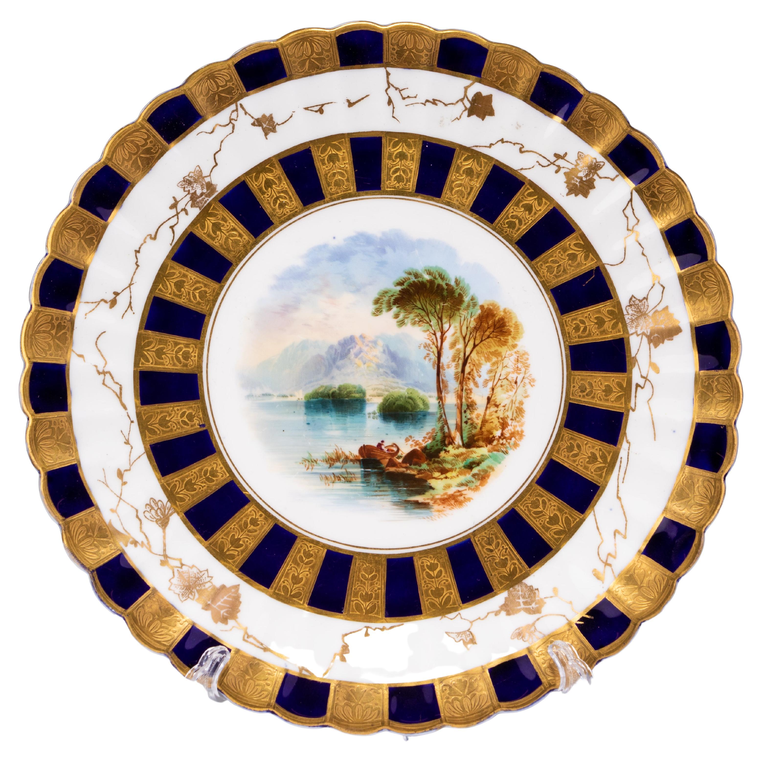 English Gilt & Cobalt Fine Porcelain Riverside Landscape Plate Mid 19th Century 