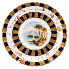 Antique English Gilt & Cobalt Fine Porcelain Riverside Landscape Plate Mid 19th Century 