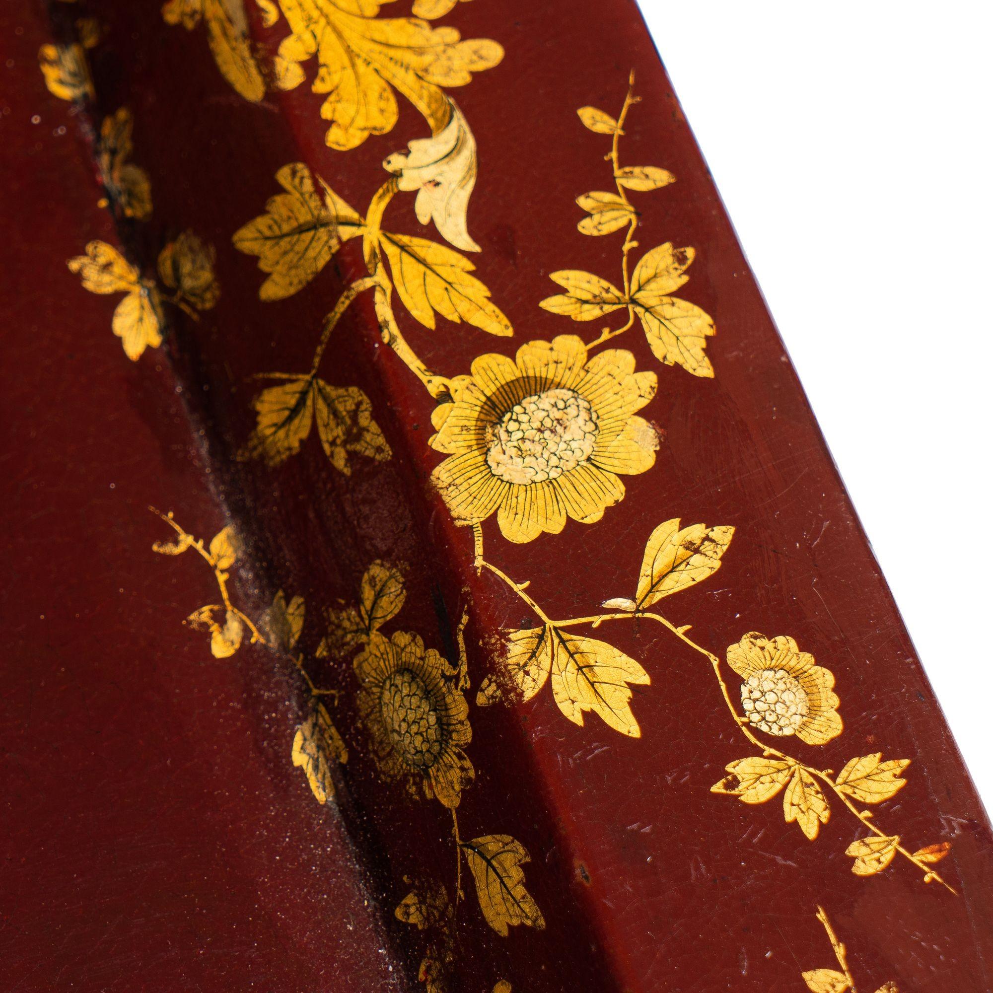 English Gilt Decorated Burgundy Paper Mache Tea Tray on Custom Stand, c. 1830 For Sale 5