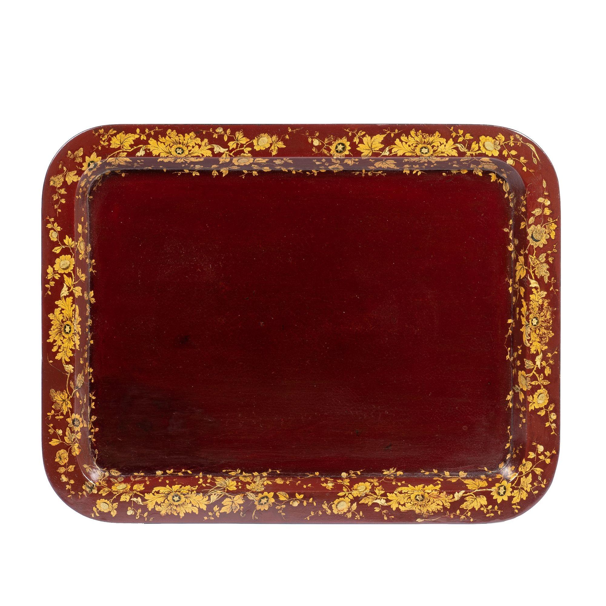 Hardwood English Gilt Decorated Burgundy Paper Mache Tea Tray on Custom Stand, c. 1830 For Sale