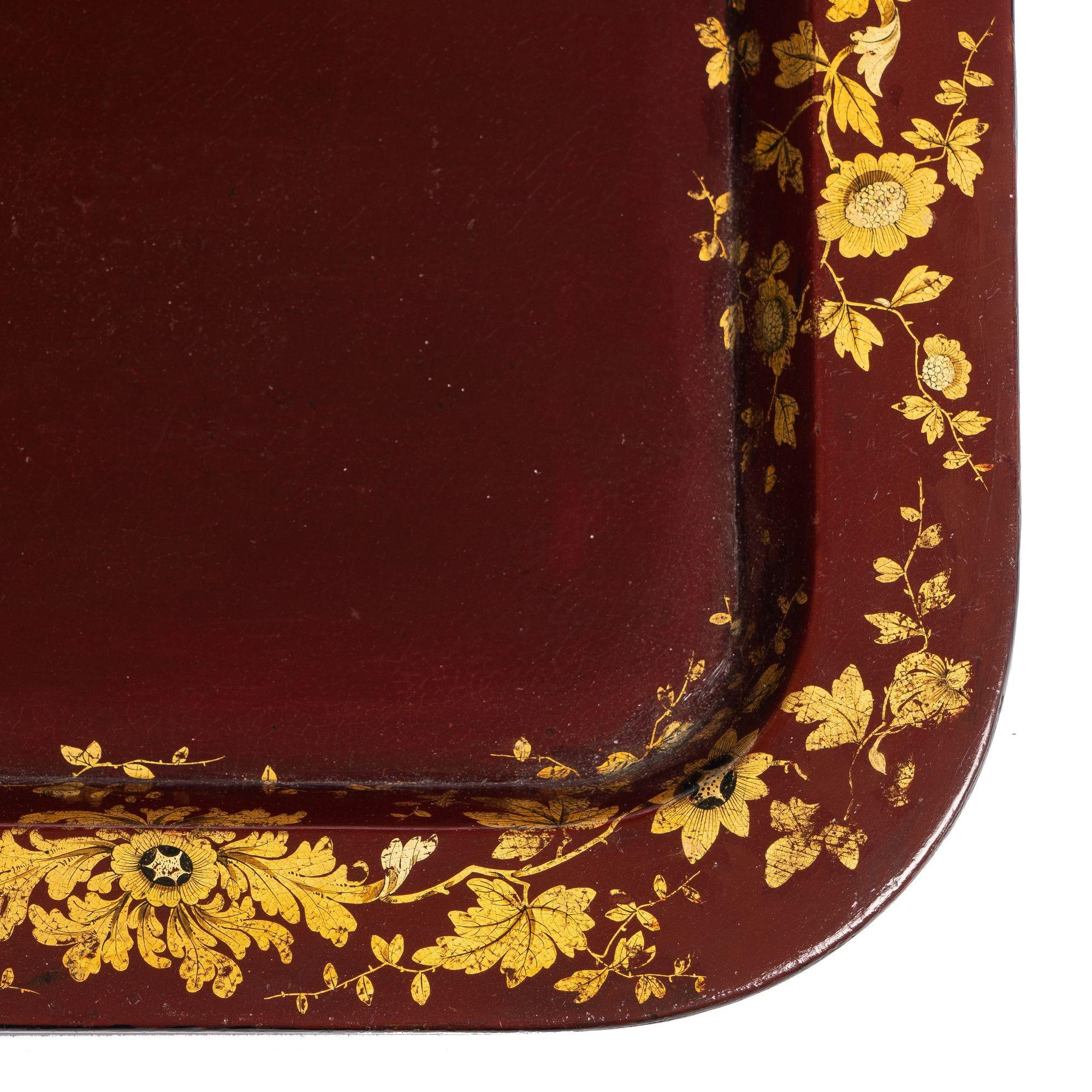 English Gilt Decorated Burgundy Paper Mache Tea Tray on Custom Stand, c. 1830 For Sale 3