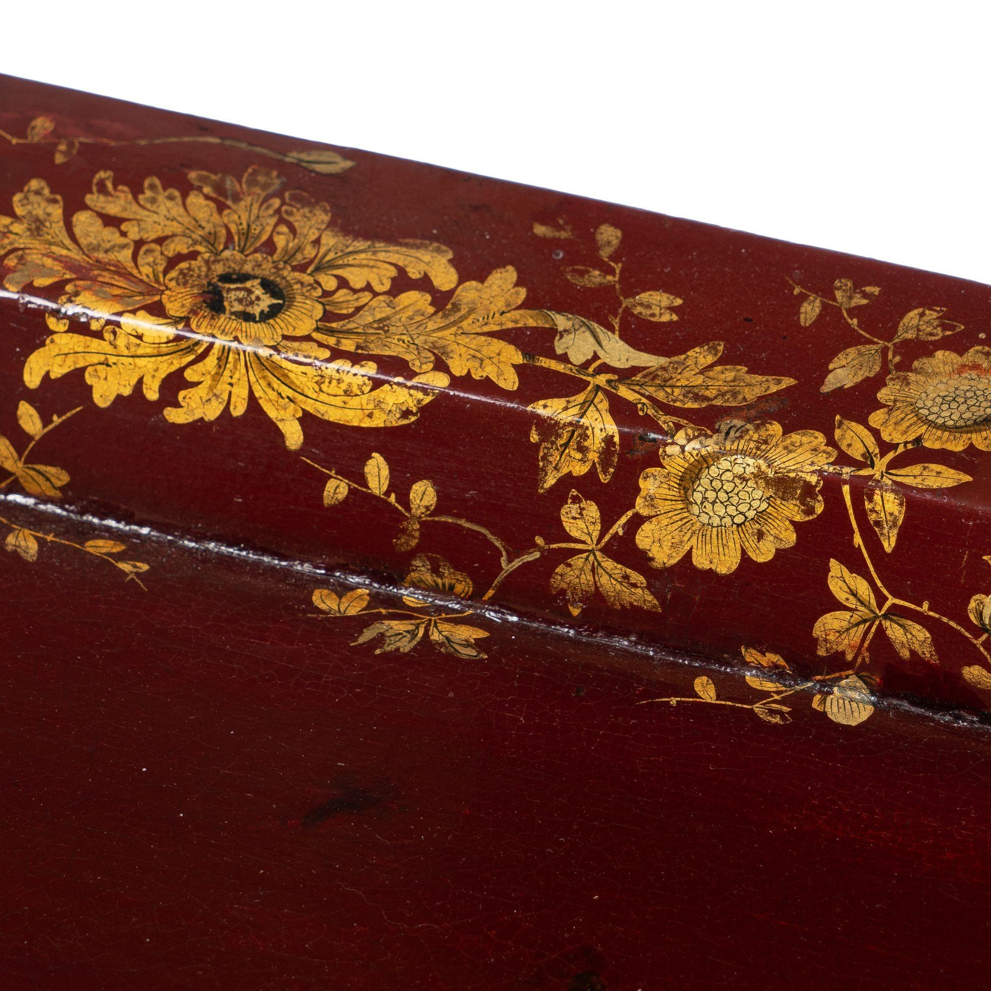 English Gilt Decorated Burgundy Paper Mache Tea Tray on Custom Stand, c. 1830 For Sale 4