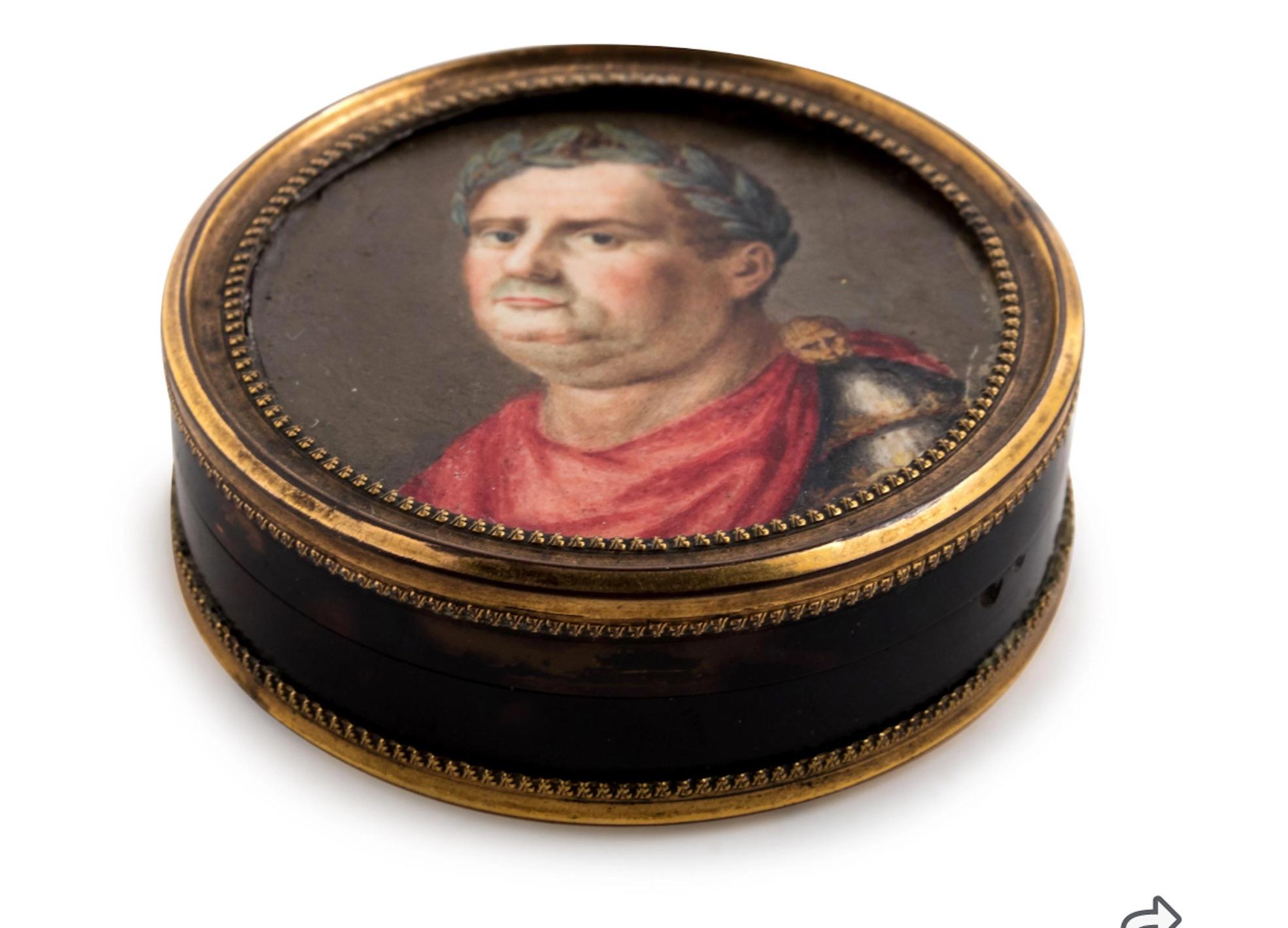 English gilt metal mounted tortoise shell box with oil painting of Julias Caesar.