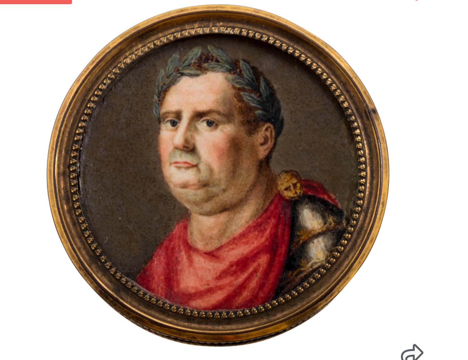 Neoclassical English gilt metal mounted tortoise shell box with oil painting of Caesar For Sale