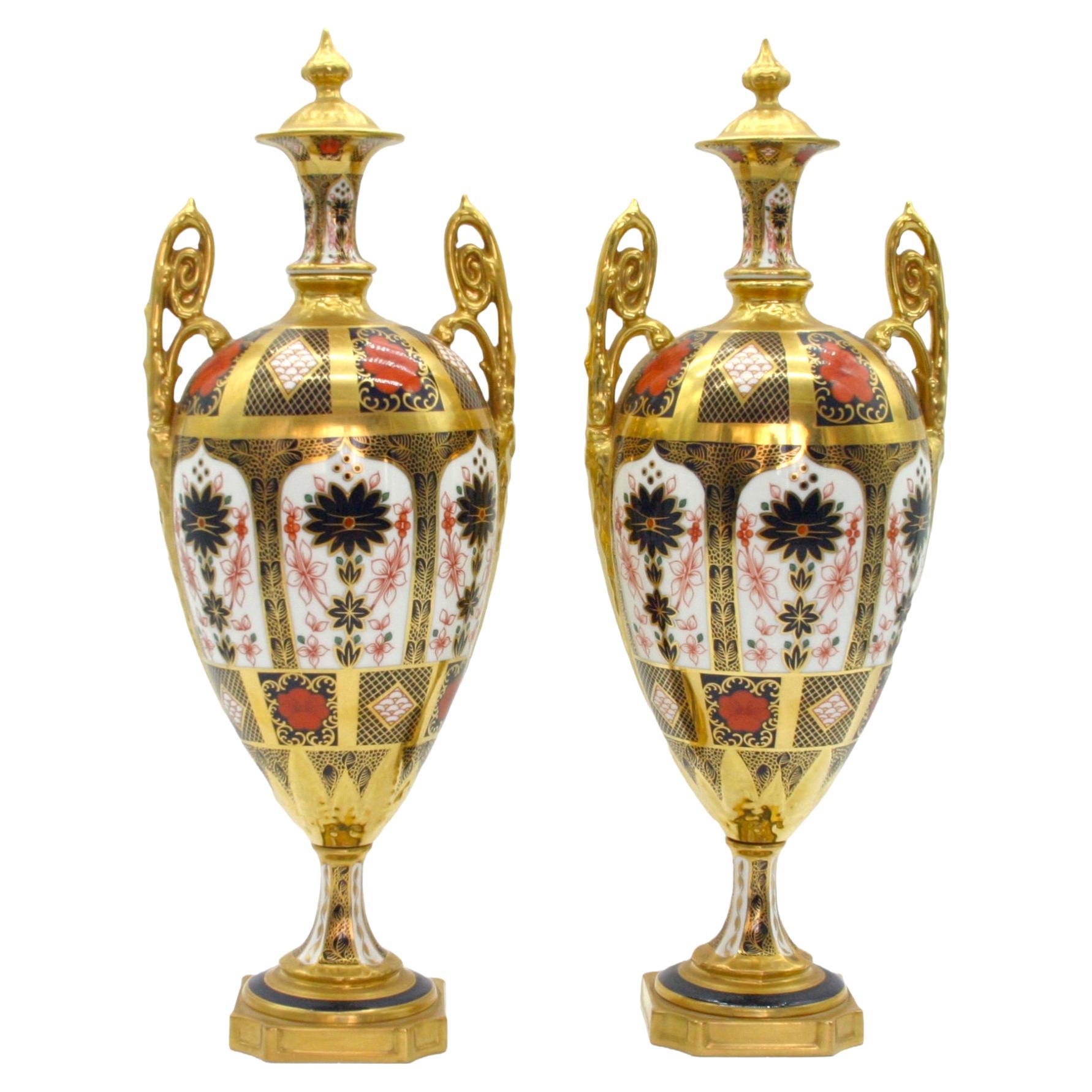 English Gilt / Painted Royal Crown Derby Vases/Urns