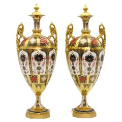 English Gilt / Painted Royal Crown Derby Vases/Urns