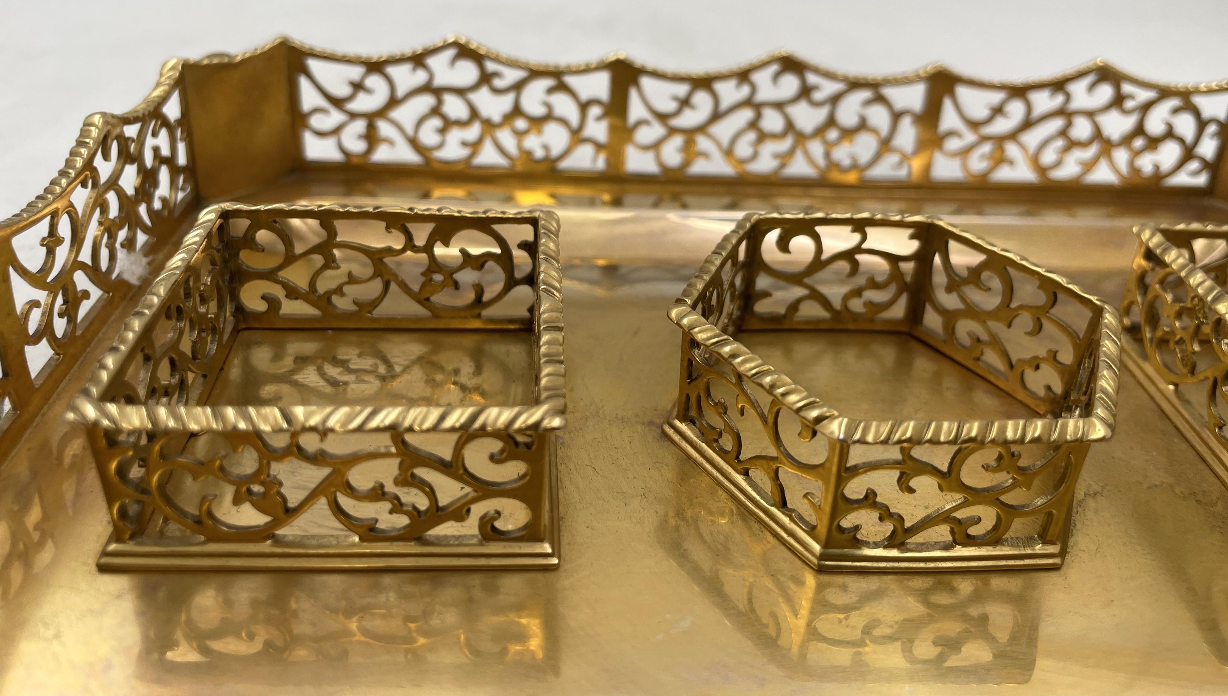 Mid-19th Century English Gilt Sterling Silver 1844 Victorian Inkstand with 2 Inkwells For Sale