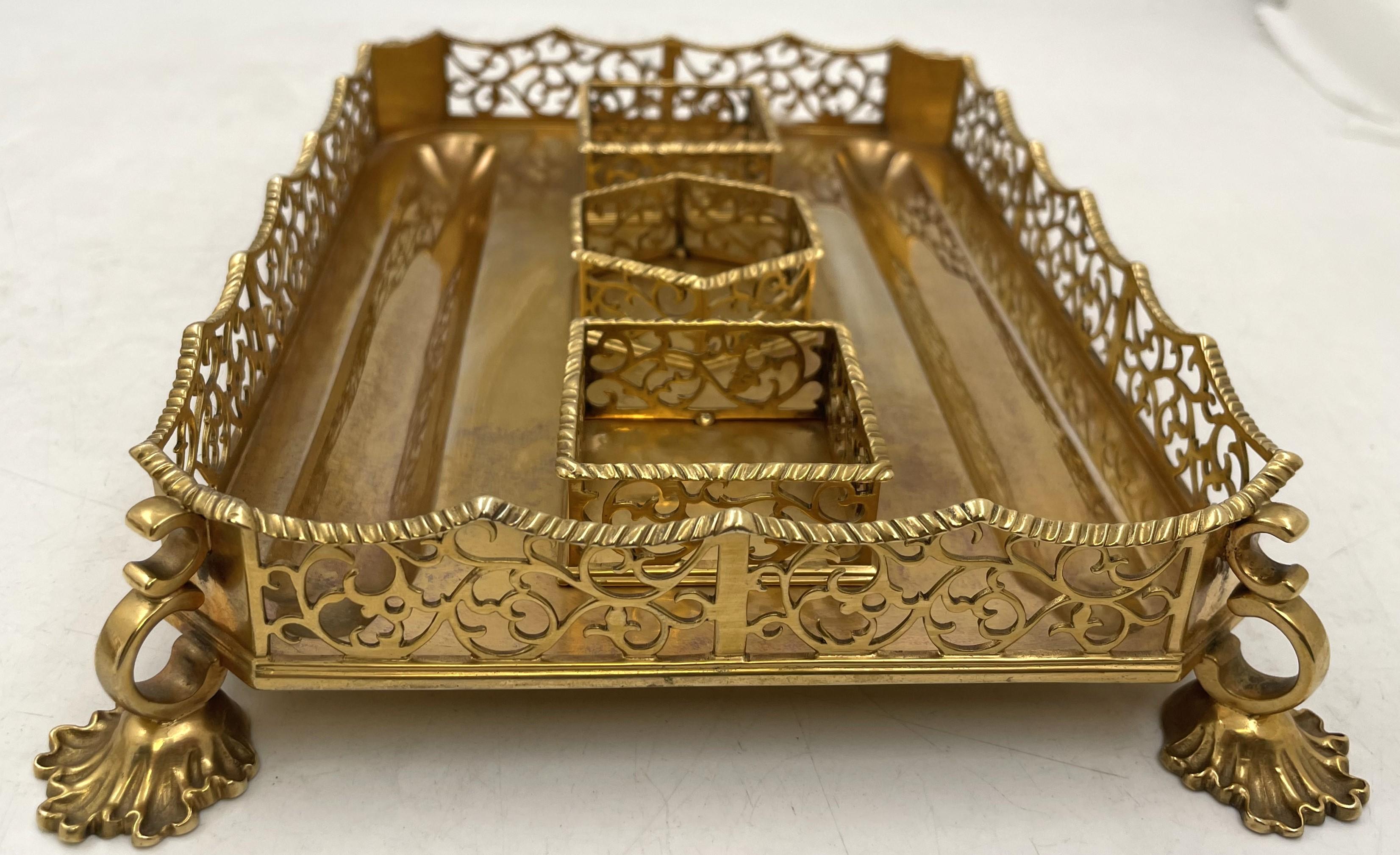 English Gilt Sterling Silver 1844 Victorian Inkstand with 2 Inkwells For Sale 1