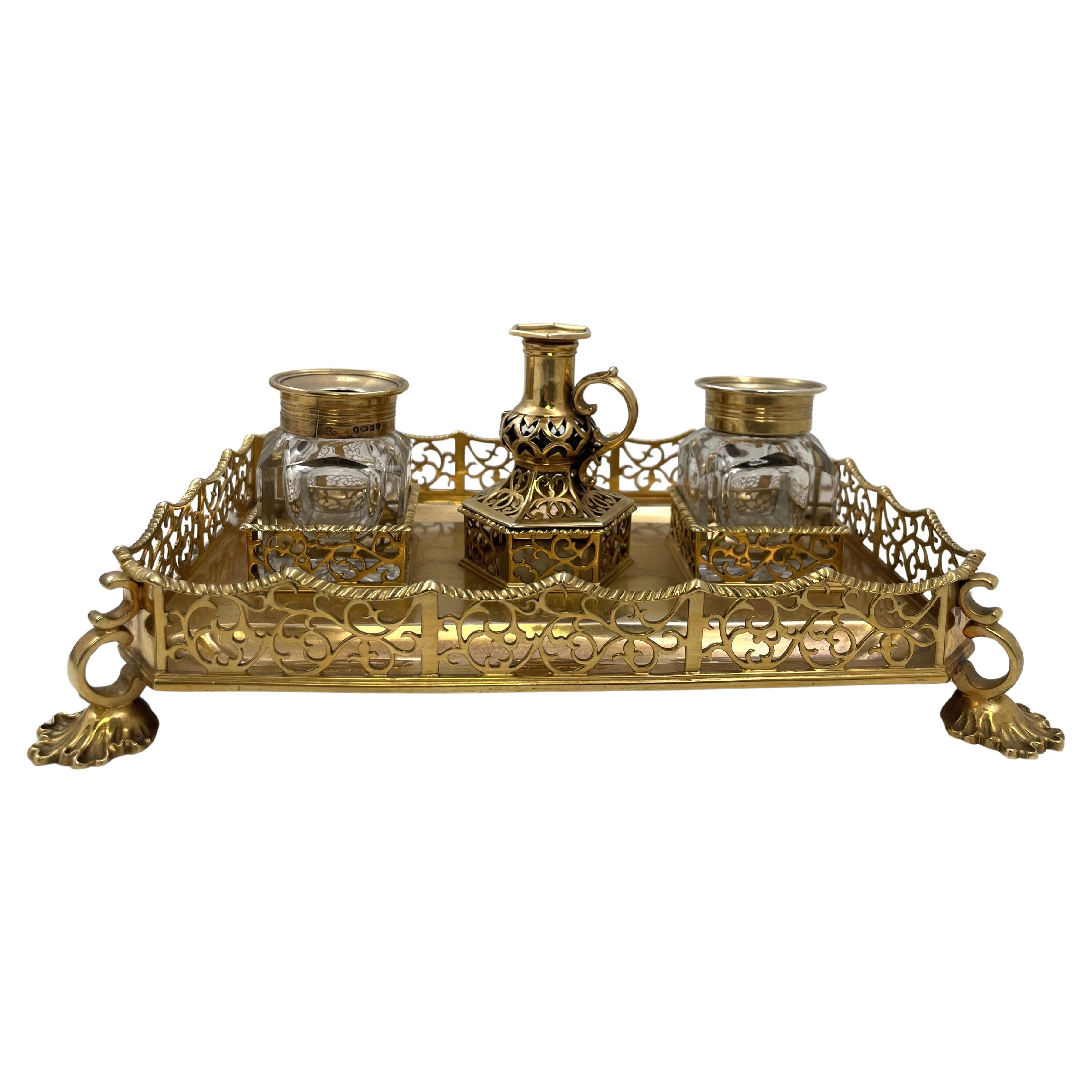 Encrier victorien anglais en argent sterling doré de 1844 avec 2 encriers