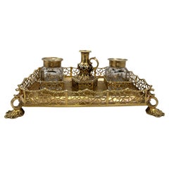 Calamaio inglese dorato in argento sterling del 1844 con 2 calamai