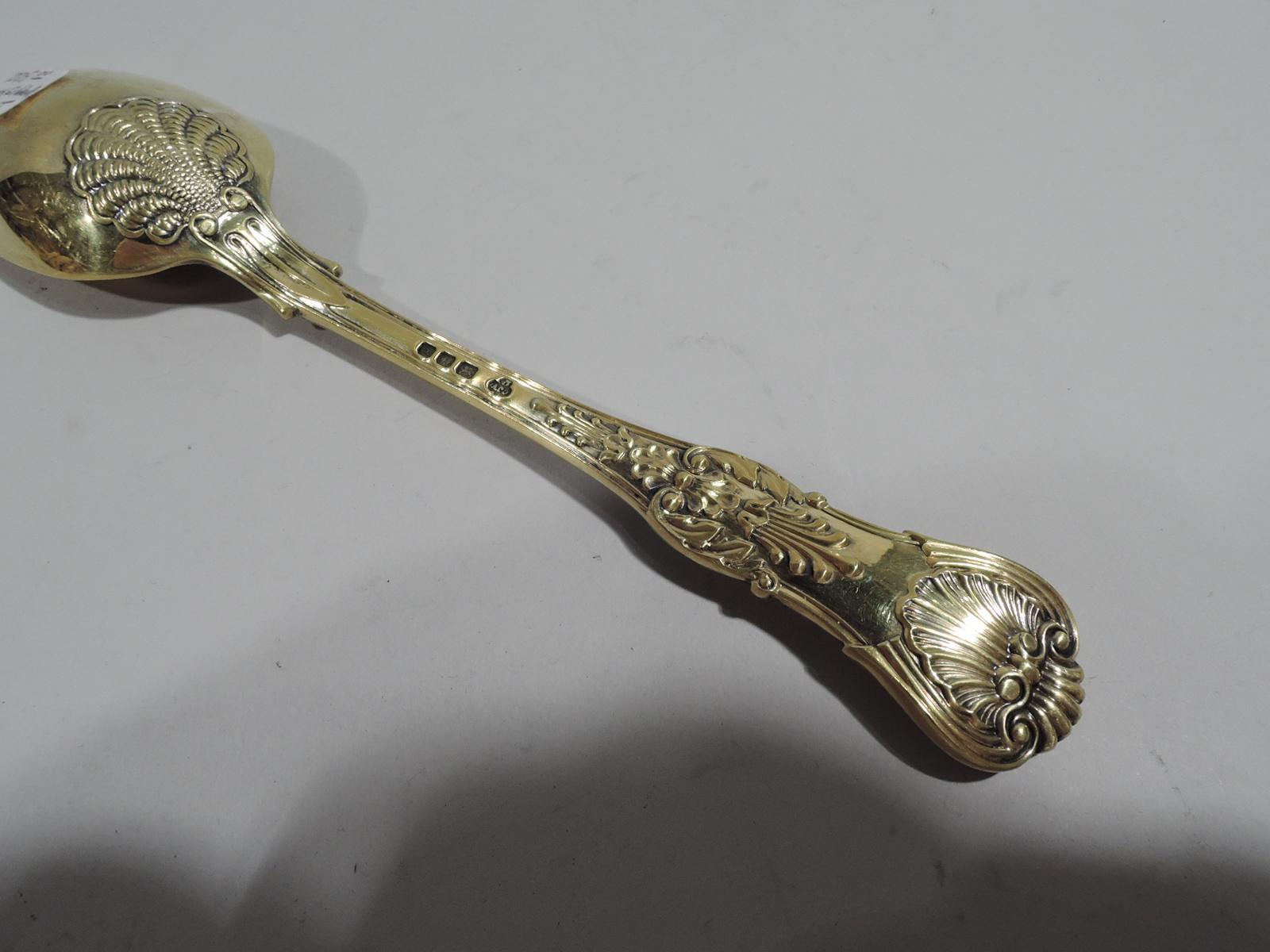 Coburg gilt sterling silver place soup spoon. Made by CJ Vander, Ltd in London in 1959. Double-sided shell, scroll, flower, and fish scale ornament in the Georgian pattern that Paul Storr made in the early 19th century. Fully marked. Weight: 2.3