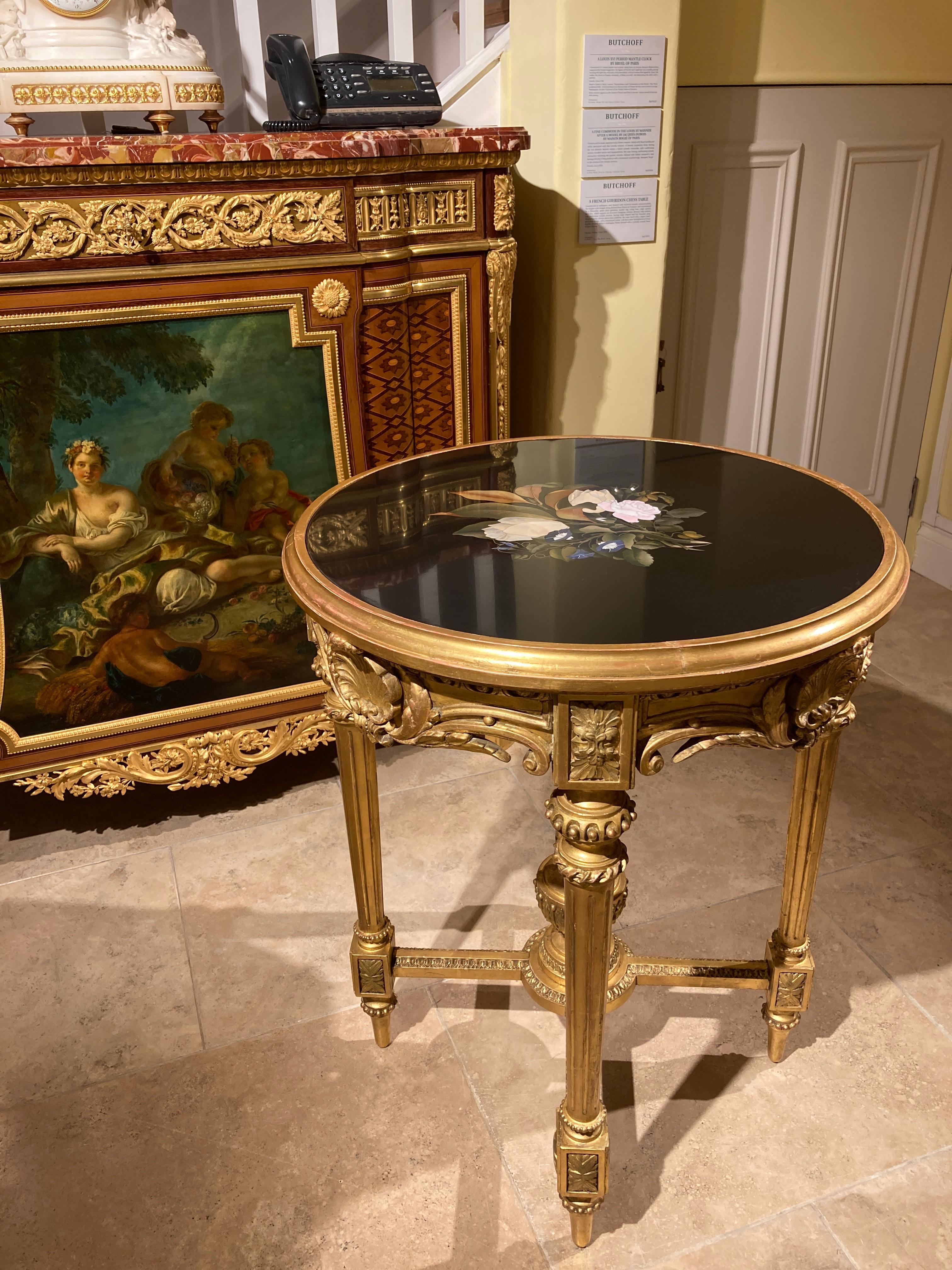 Louis XVI English Giltwood and Floral Inlaid Stone Occasional Table For Sale
