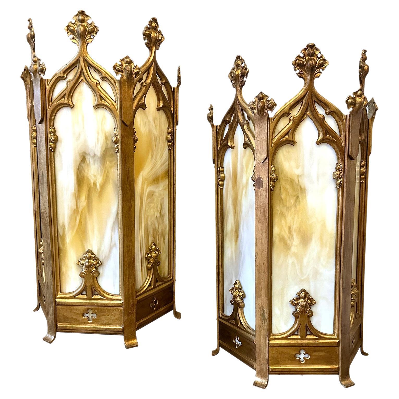 English Glass Panel Gilt Sconces