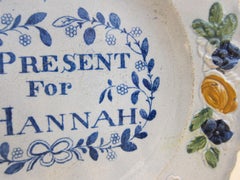 English Glaze Pearlware Present for Hannah Plate Decorated with Floral Flower