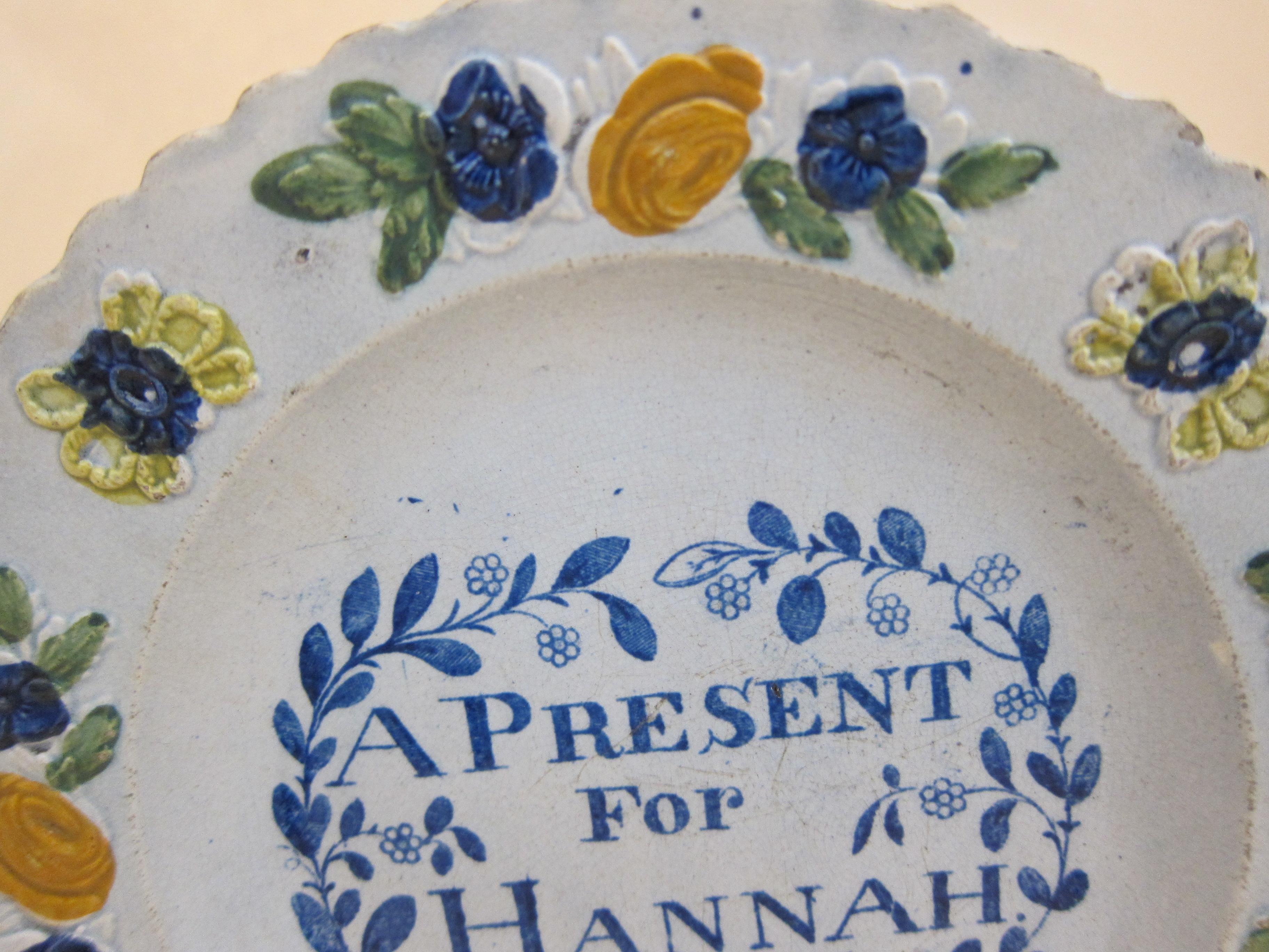 Mid-19th Century English Glaze Pearlware Present for Hannah Plate Decorated with Floral Flower For Sale