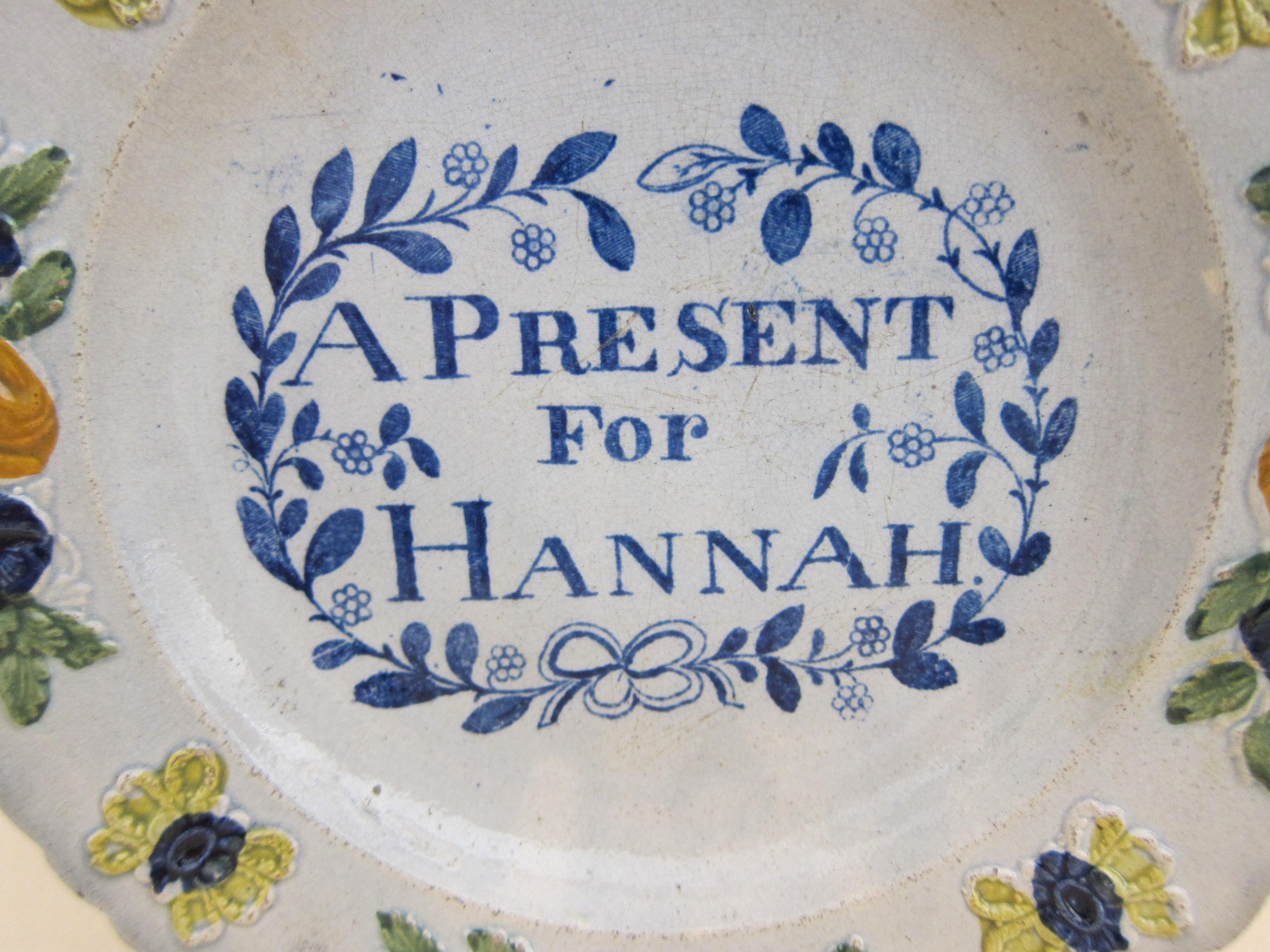 English Glaze Pearlware Present for Hannah Plate Decorated with Floral Flower For Sale 1