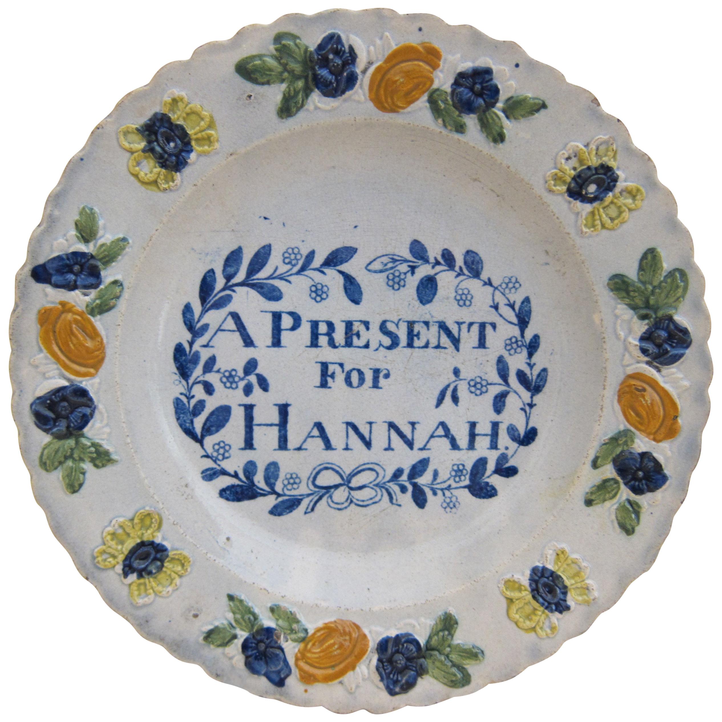 English Glaze Pearlware Present for Hannah Plate Decorated with Floral Flower For Sale