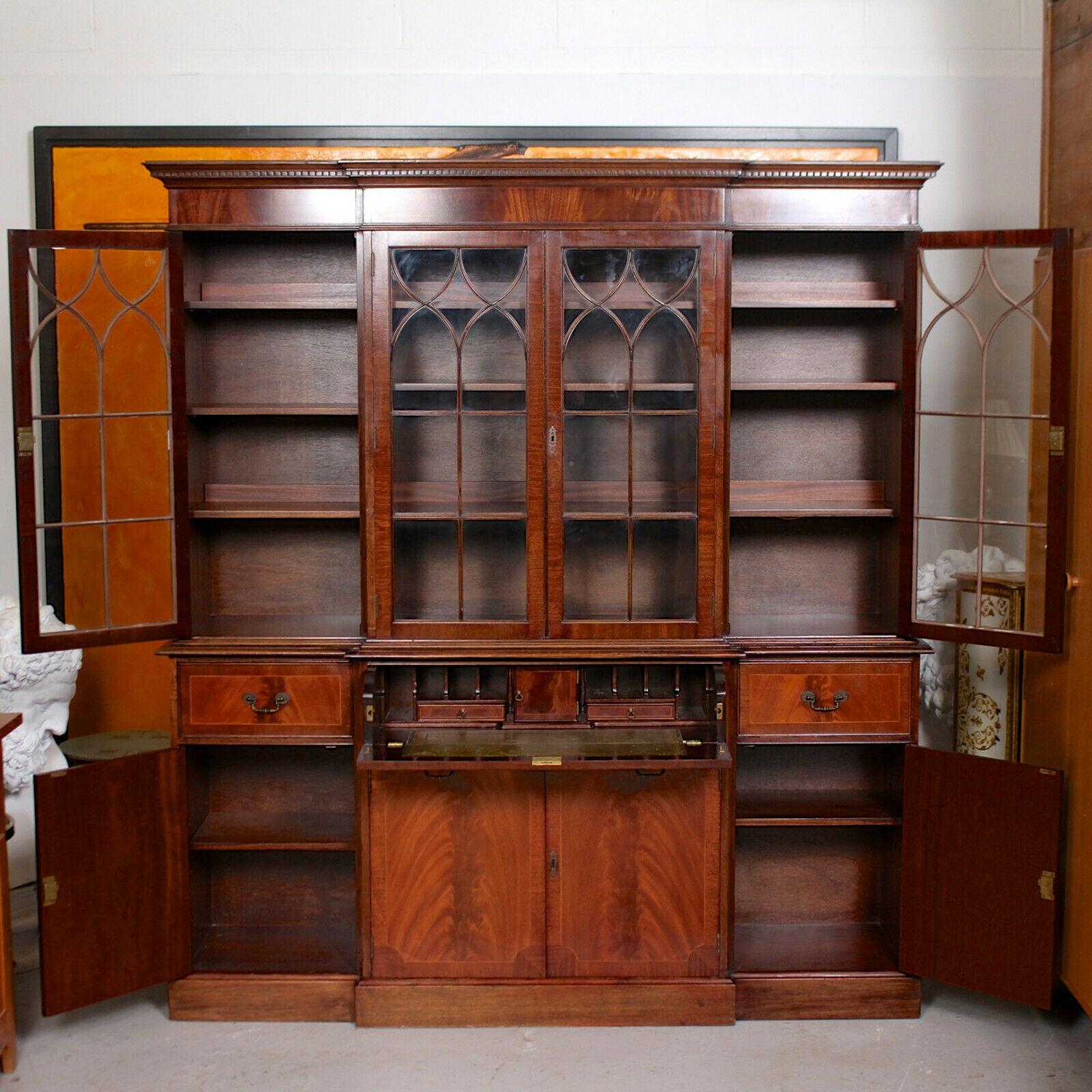 20th Century English Glazed Breakfront Secrétaire Bureau Bookcase Astragal Library Cabinet