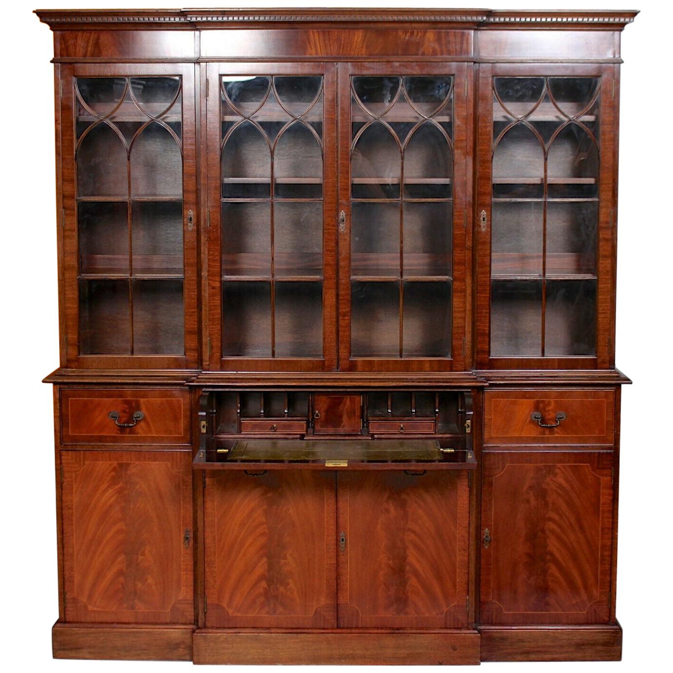 English Glazed Breakfront Secrétaire Bureau Bookcase Astragal Library Cabinet