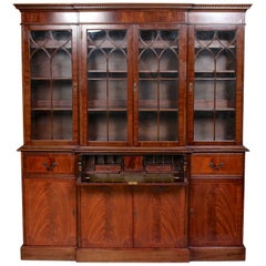 Vintage English Glazed Breakfront Secrétaire Bureau Bookcase Astragal Library Cabinet