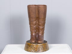 English Glazed Terracotta Riding Boots Umbrella Stand, circa 1900