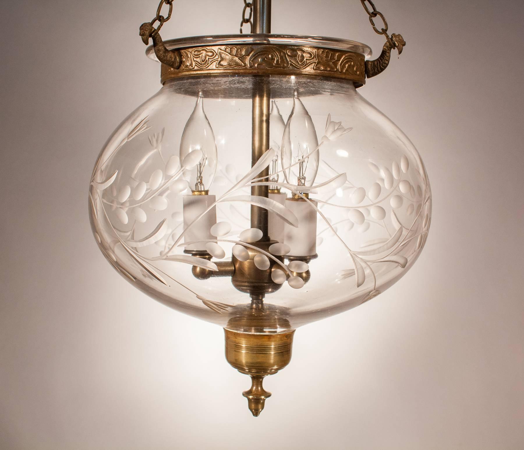 Victorian English Globe Bell Jar Lantern with Vine Etching