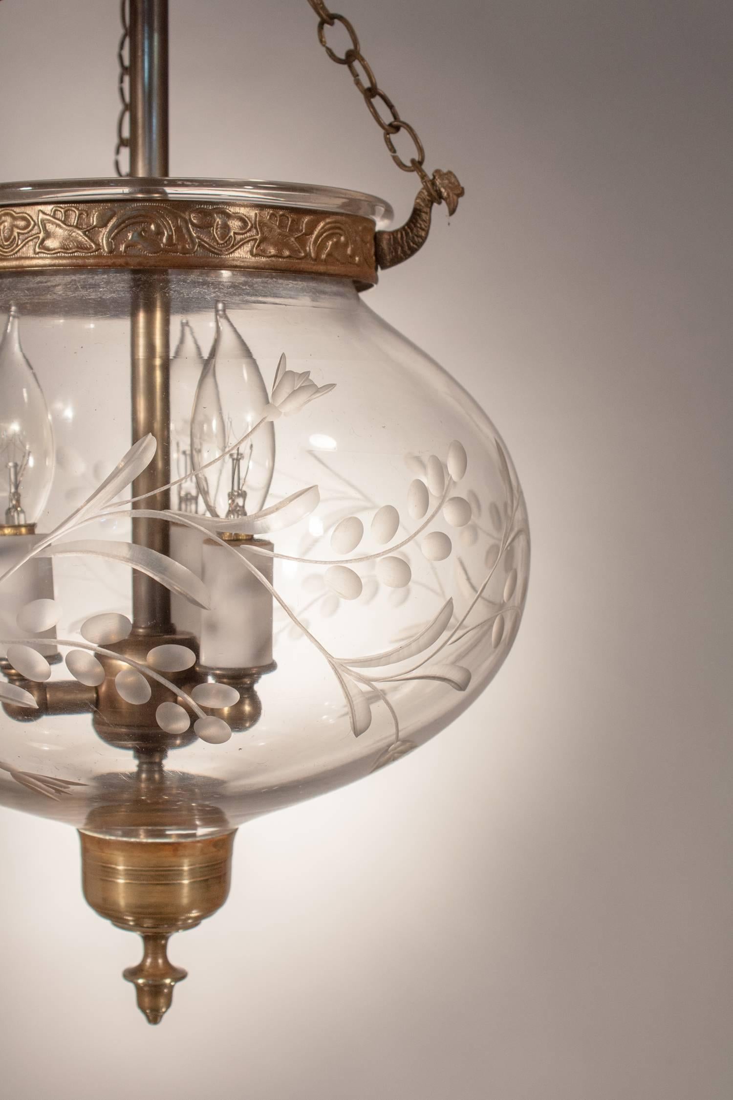 Etched English Globe Bell Jar Lantern with Vine Etching