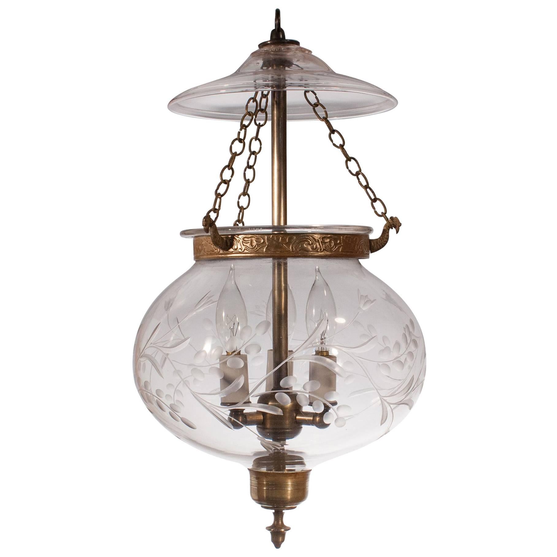 English Globe Bell Jar Lantern with Vine Etching