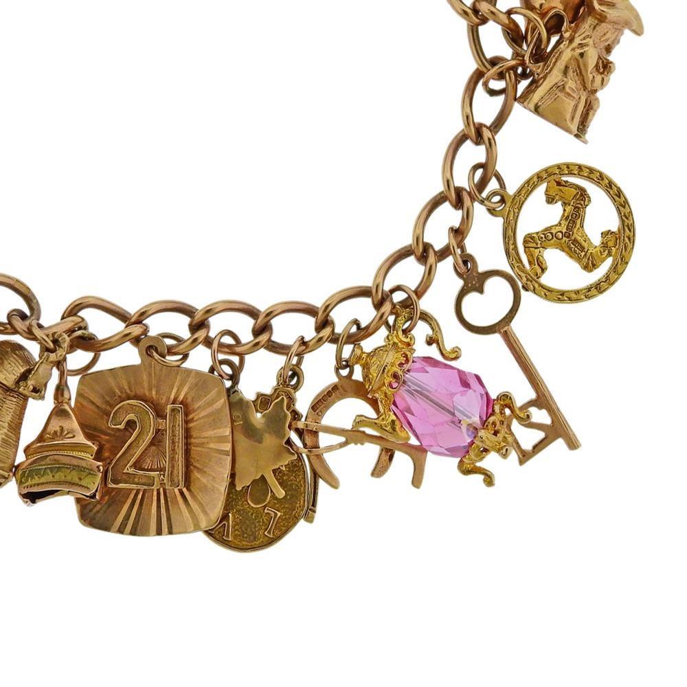 English 9K Gold 3D charm bracelet with gemstones. Measures - 7 1/2