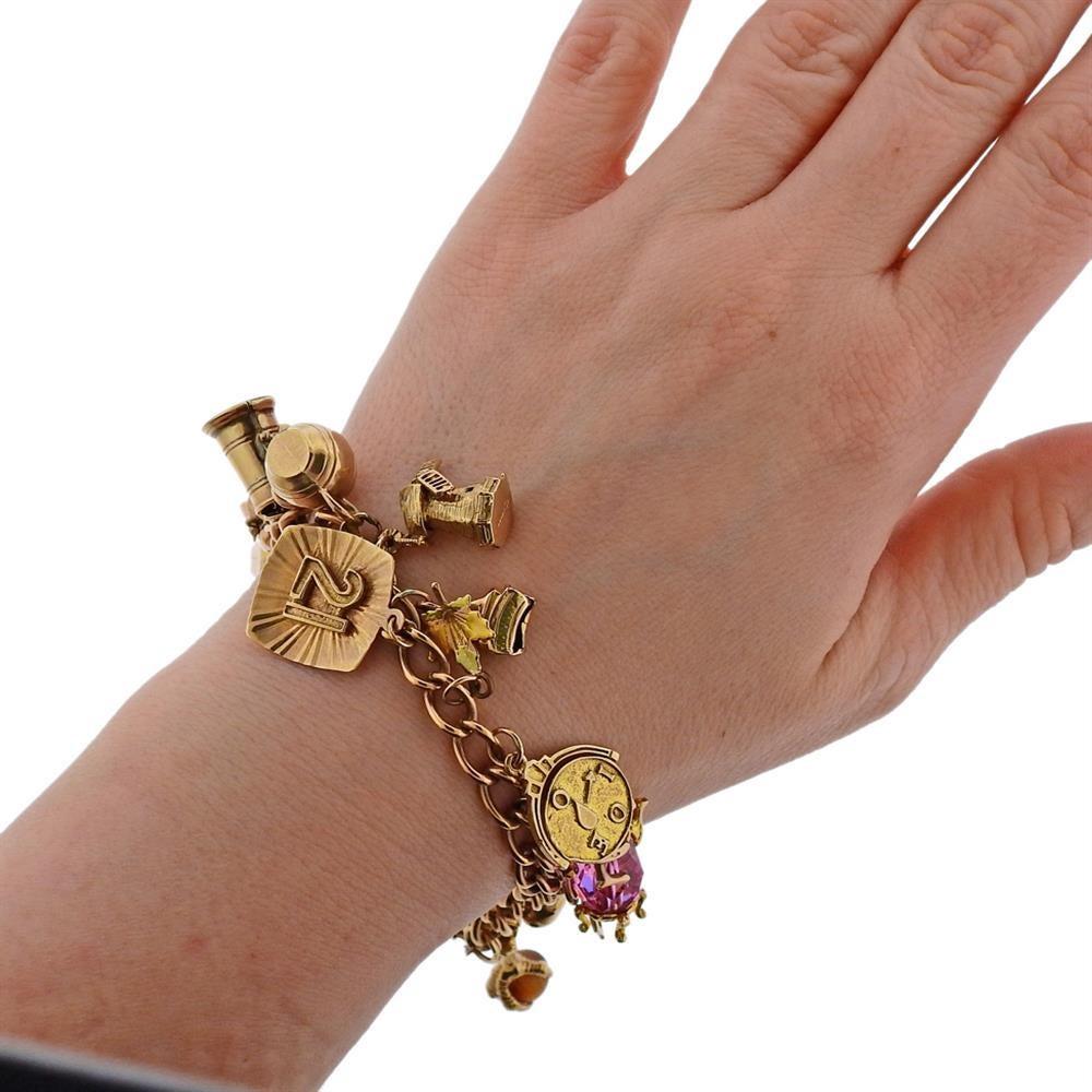 English Gold 3D Gemstone Charm Bracelet In Excellent Condition In New York, NY