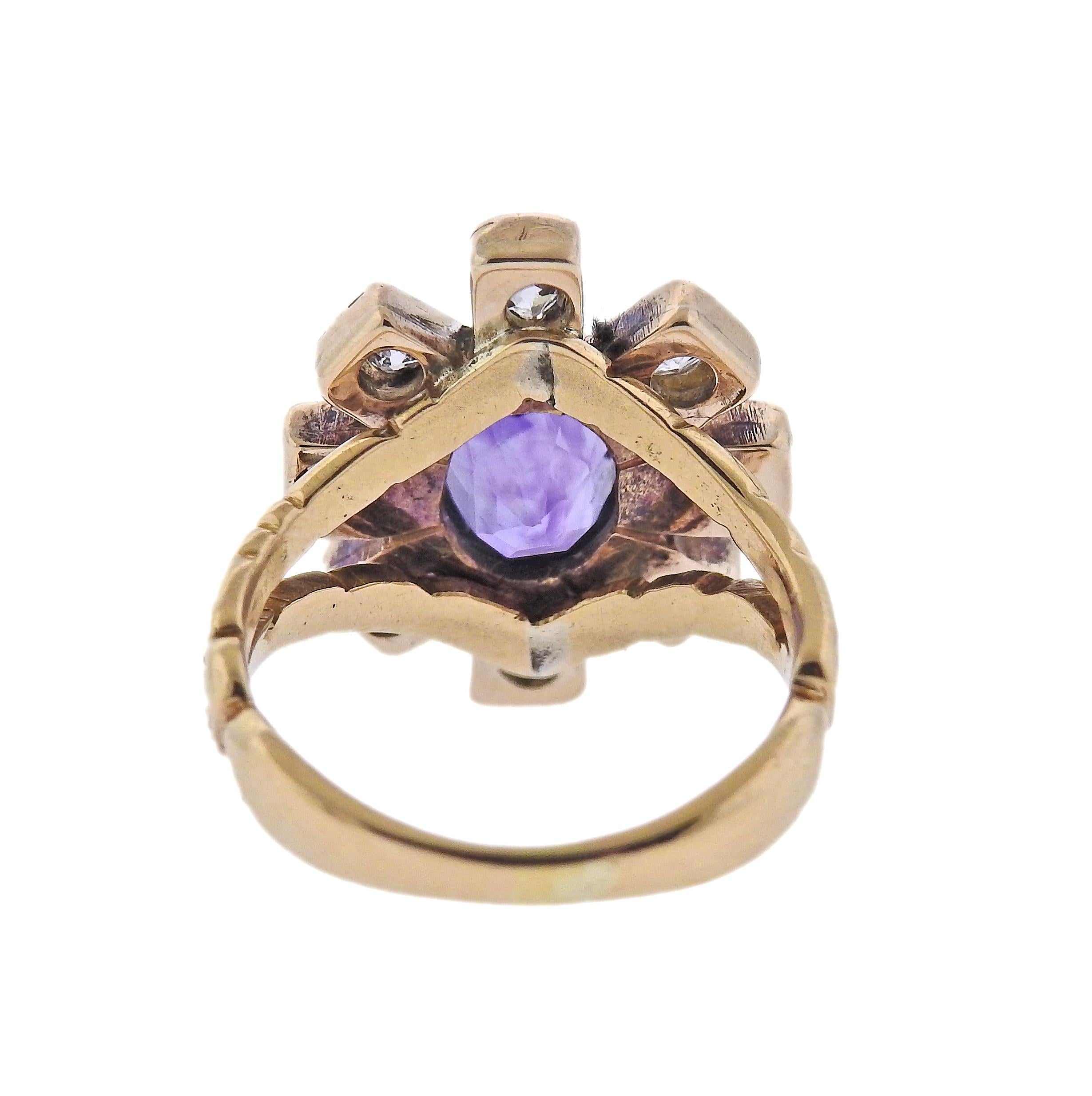 Oval Cut English Gold Amethyst Diamond Ring For Sale