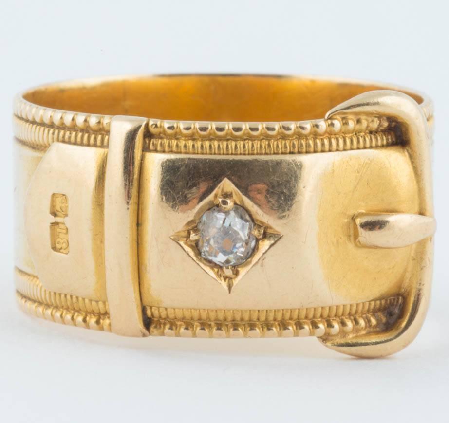 Round Cut English 18k Gold and Diamond Buckle Ring, 20th century