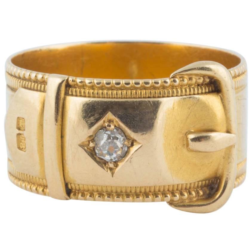 English 18k Gold and Diamond Buckle Ring, 20th century