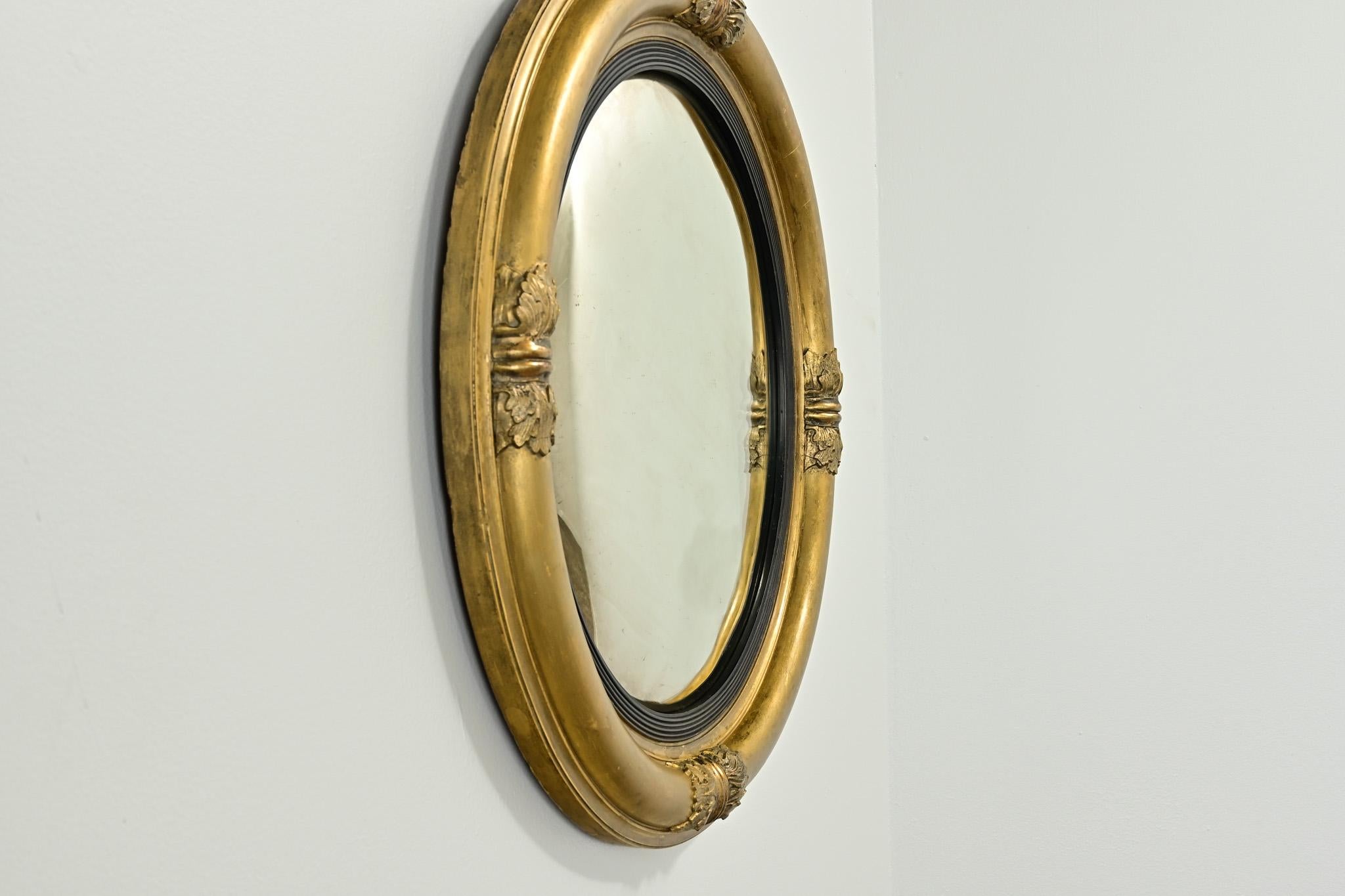 Hand-Painted English Gold Gilt Convex Mirror For Sale
