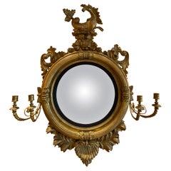 English Gold Gilt Convex Mirror with Candelabra Arms and Mounted Sea Horse