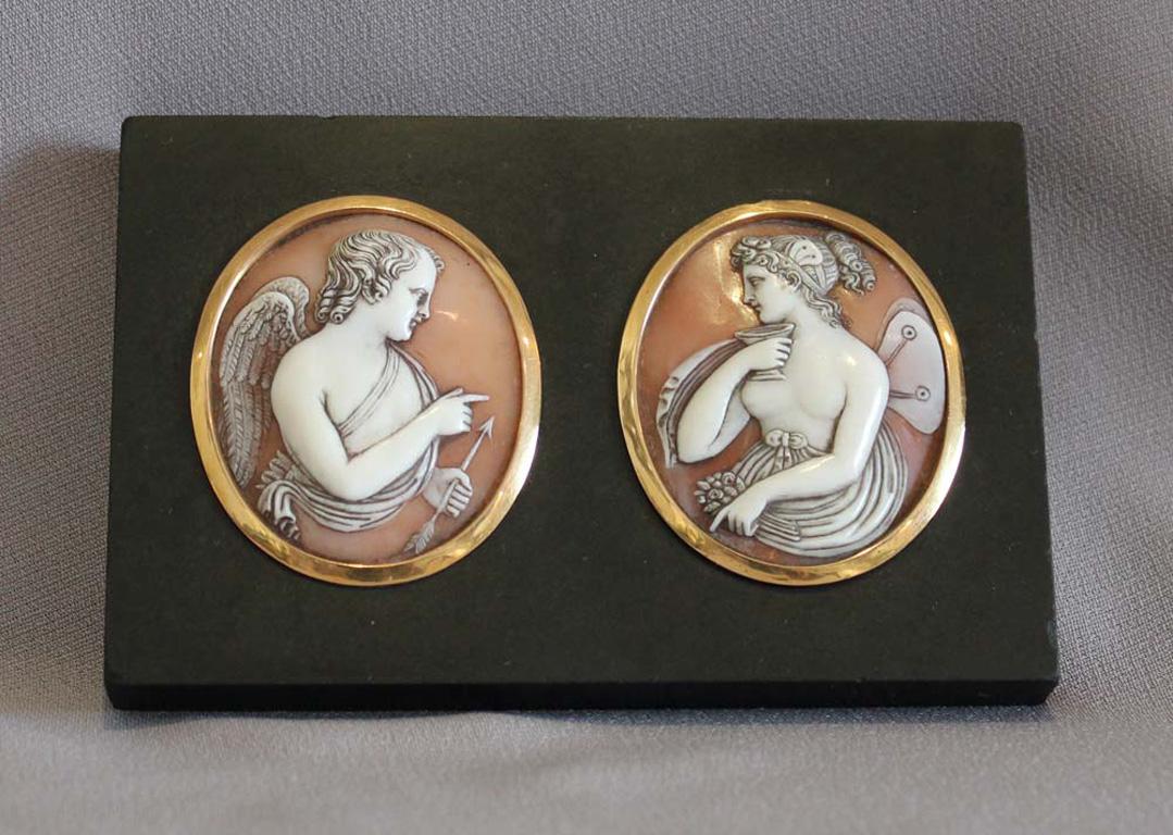 Late 18th Century English Gold Mounted Carved Shell Cameos of Cupid and Psyche on Marble Base For Sale