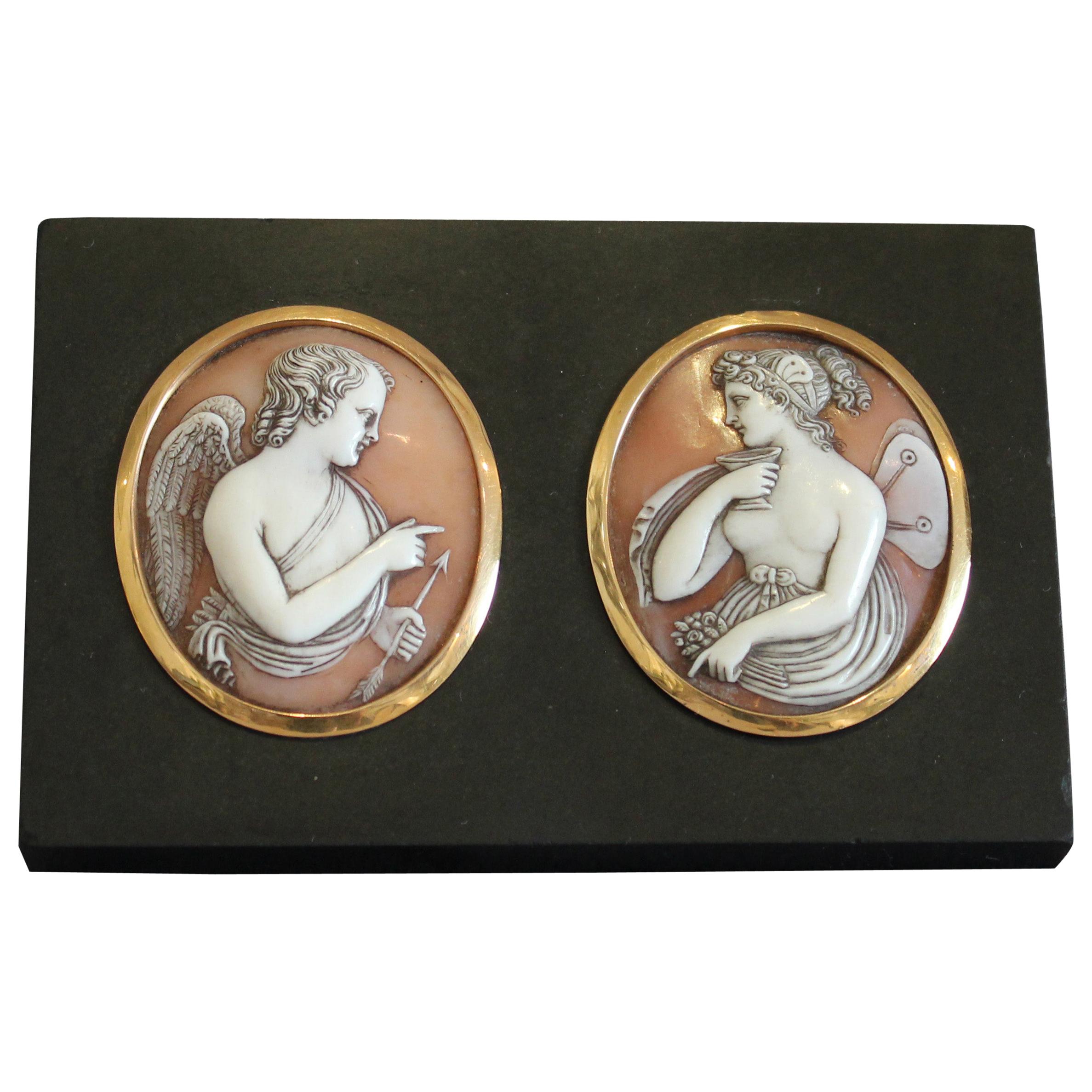 English Gold Mounted Carved Shell Cameos of Cupid and Psyche on Marble Base For Sale