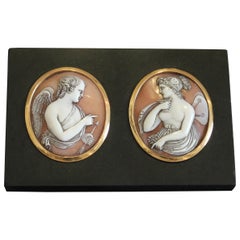 English Gold Mounted Carved Shell Cameos of Cupid and Psyche on Marble Base