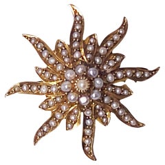 English Gold Pearl Starburst Brooch Pendant Birmingham 1911