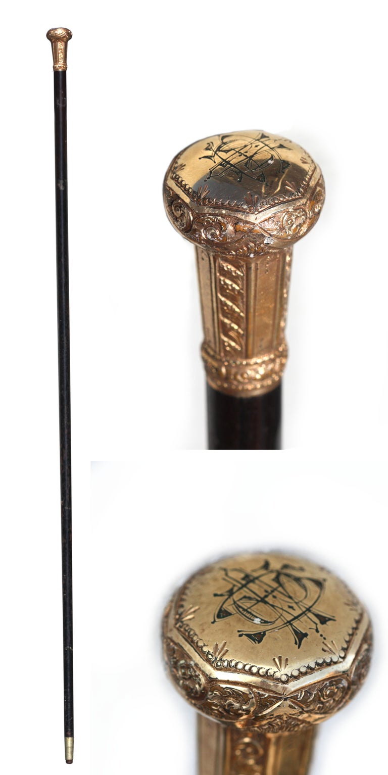 English Gold Plated Gentlemen Walking Stick For Sale at 1stDibs, image size:768x1534