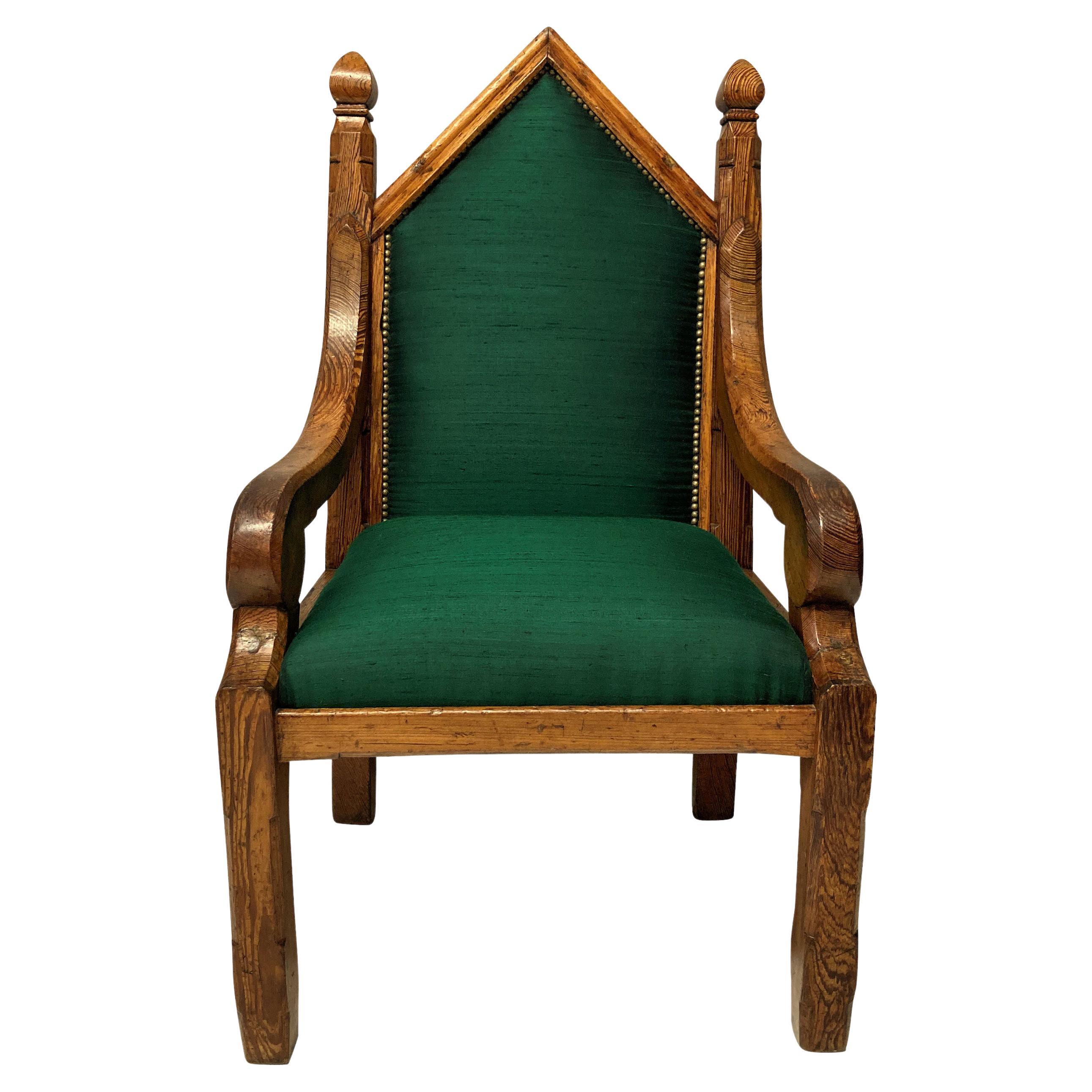 English Gothic Armchair in Emerald Silk For Sale