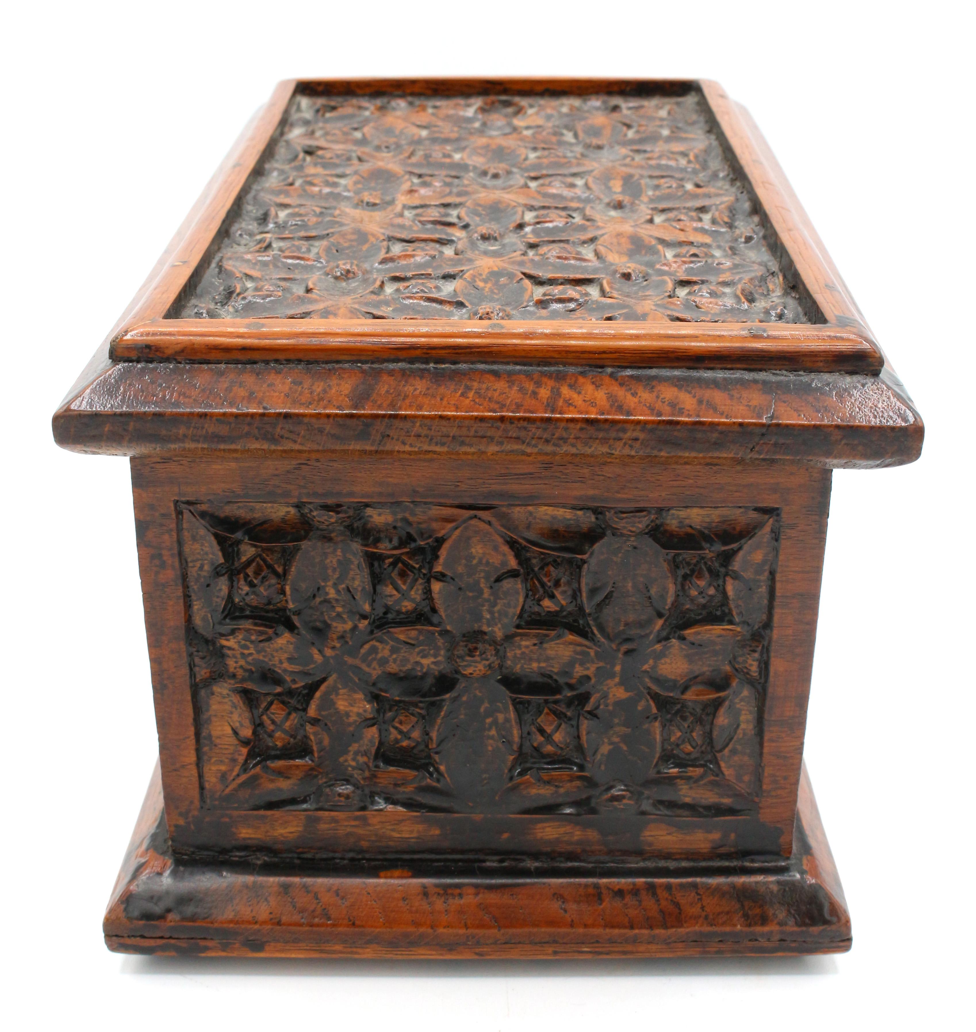 English Gothic Revival Document Box, c.1860-80. Carved oak with repetitive florets & bosses. Signed hinges: 