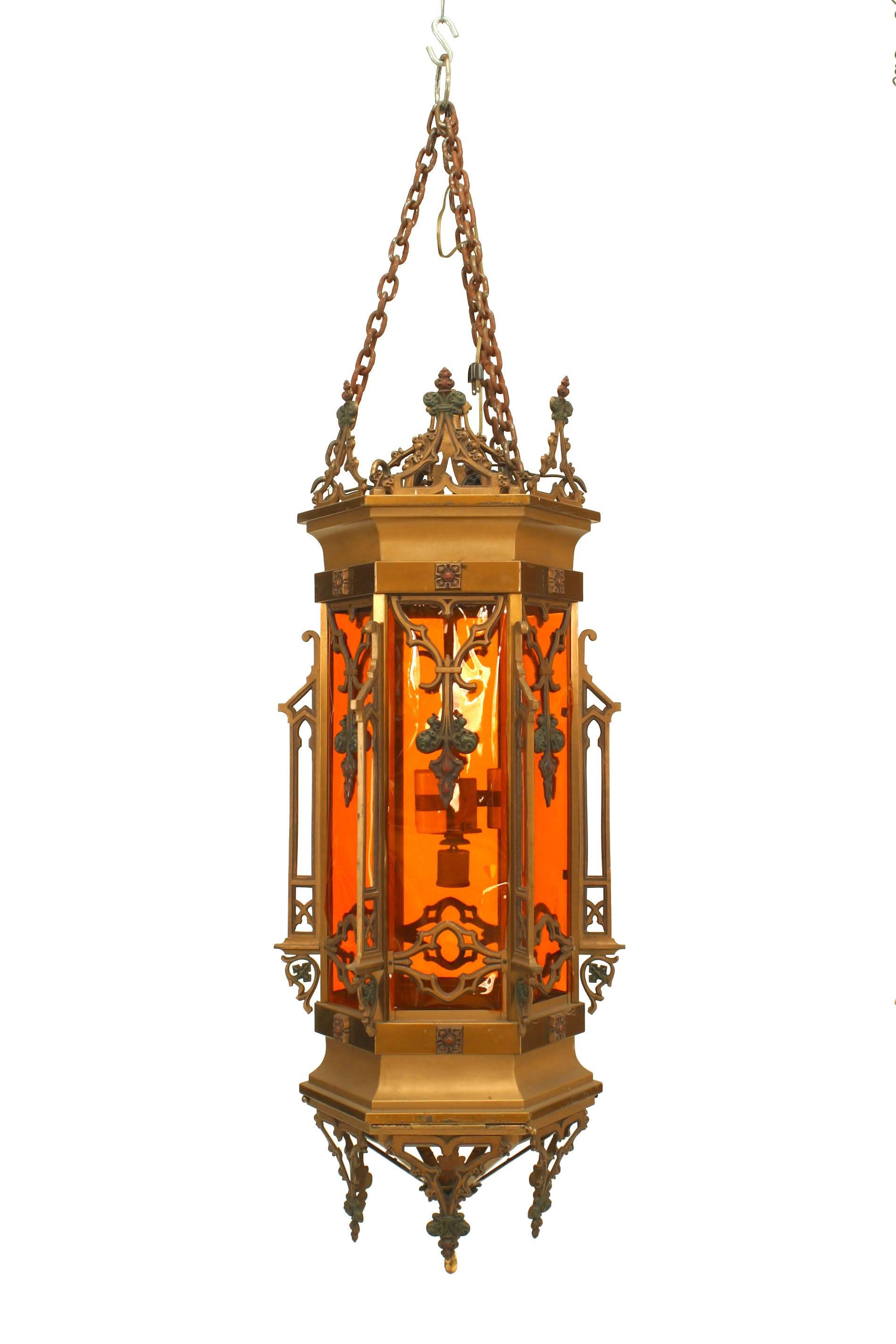 4 English Gothic Revival-style (19/20th Century) bronze 6 sided hanging lanterns with filigree panels. (PRICED EACH).

