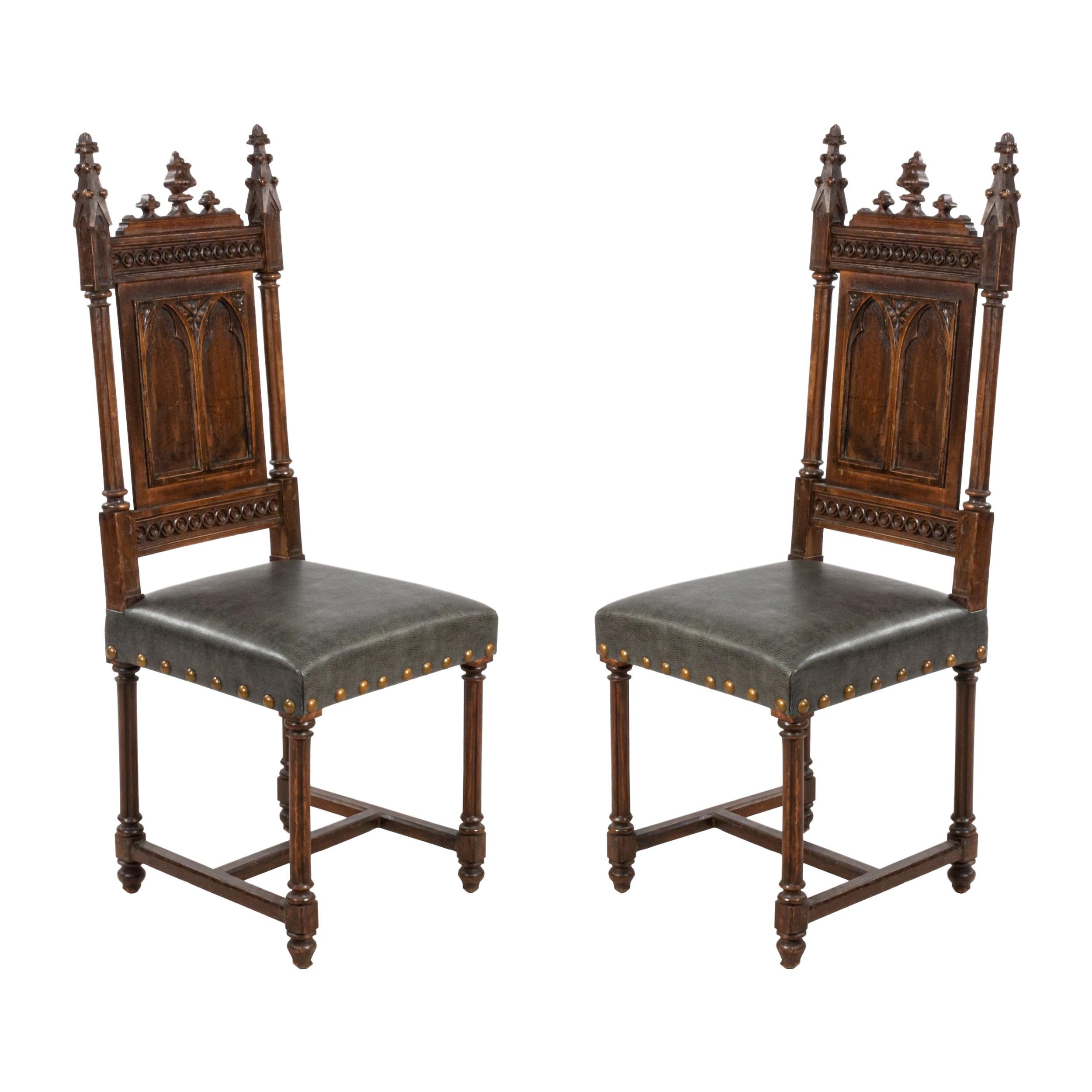 English Gothic Revival Leather Side Chairs For Sale