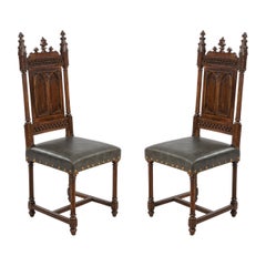 Vintage English Gothic Revival Leather Side Chairs