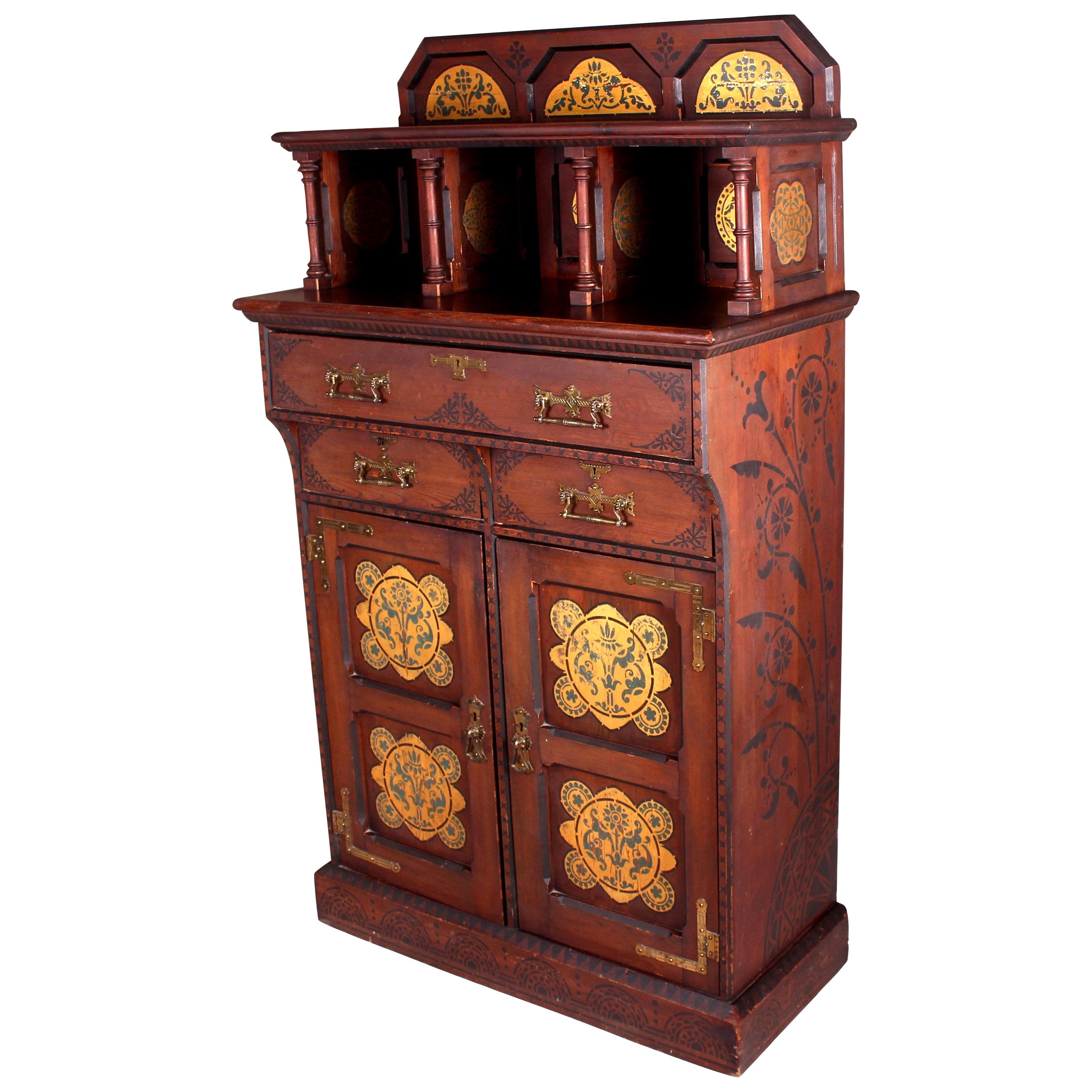 English Gothic Revival Stained Pine Cabinet with Gilded Decoration, circa 1870 For Sale