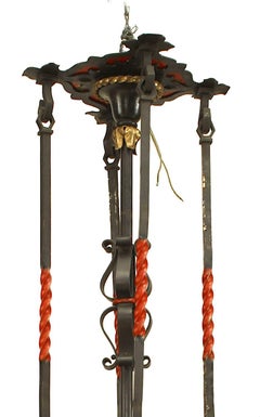 English Gothic Revival Style Wrought Iron Painted Shield Chandelier