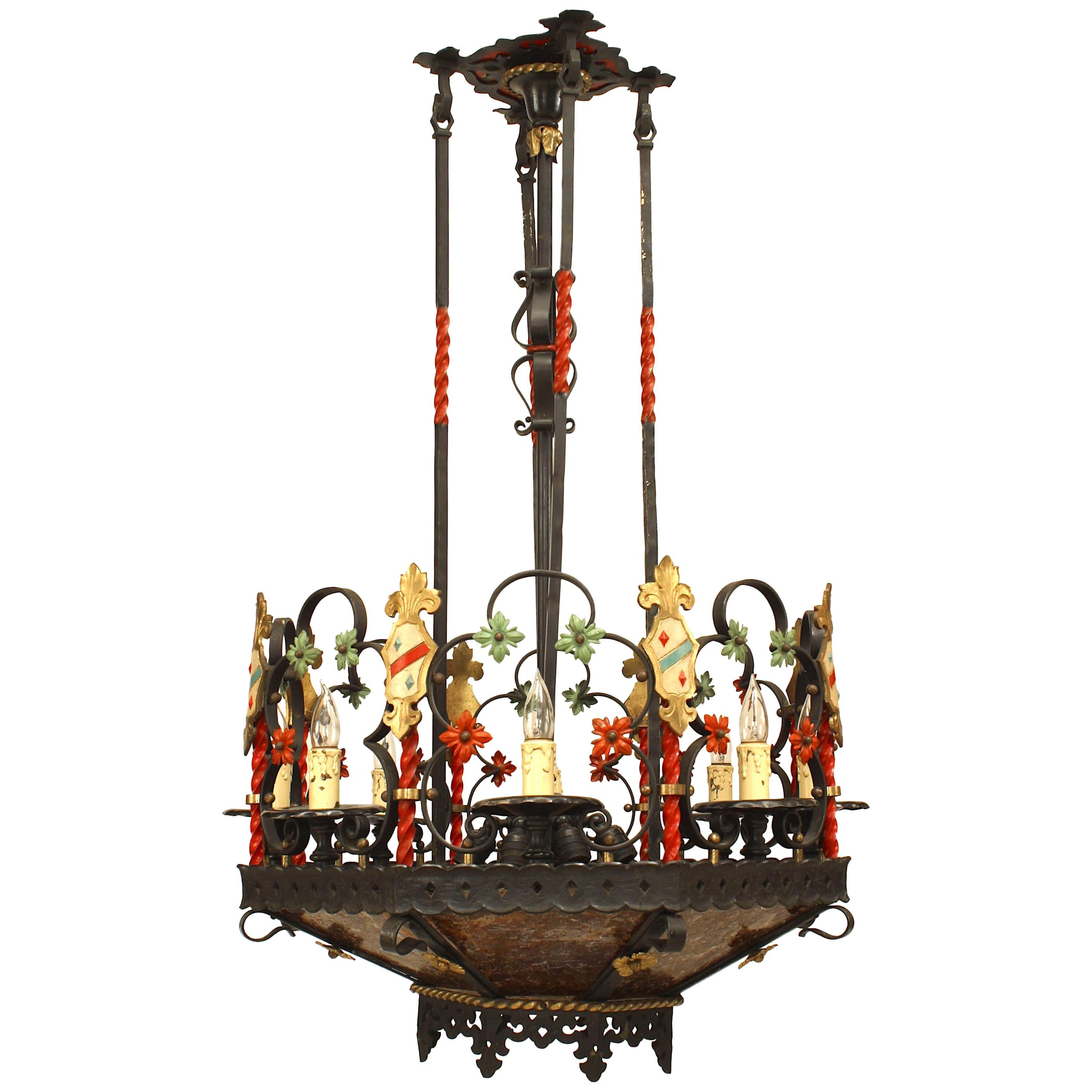 English Gothic Revival Style Wrought Iron Painted Shield Chandelier