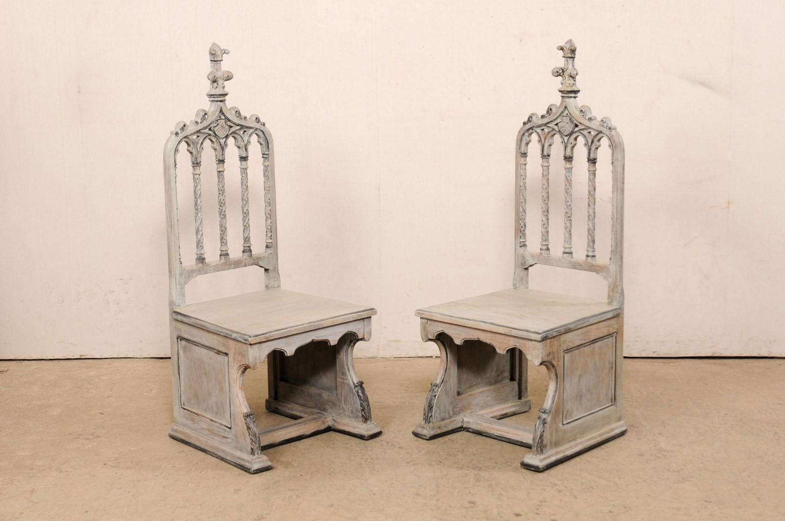English Gothic Revival Style Pair Carved-Wood Chairs, Early 20th C For Sale 3